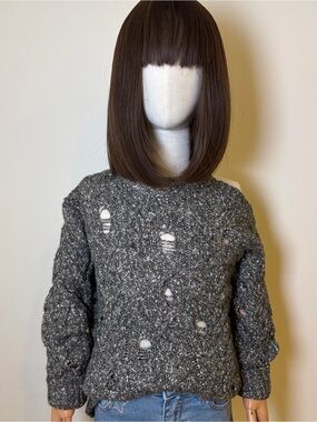 ZARA Girls Distressed Open Shoulder Cable Knit Sweater Gray Size 8-9 / 130 cm